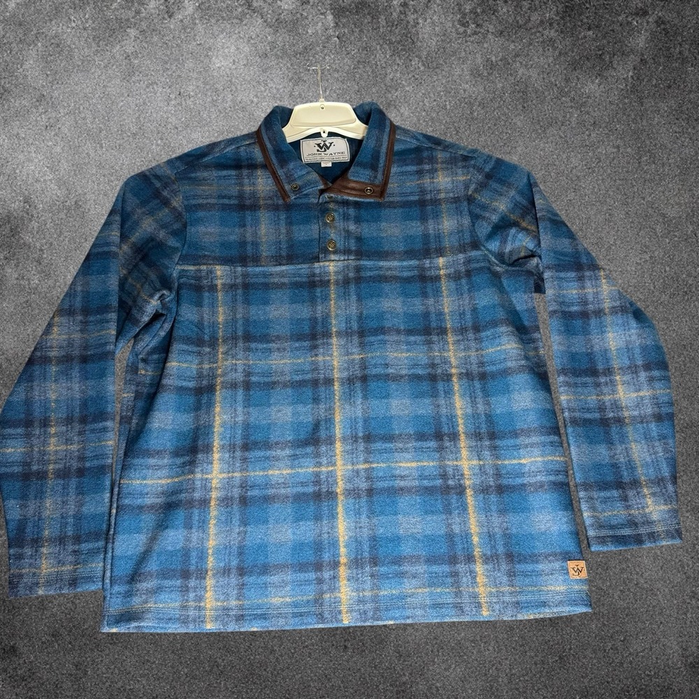 John Wayne Sweater Mens Large Blue Plaid Fleece Mock Neck Western Pullover - Picture 5 of 8